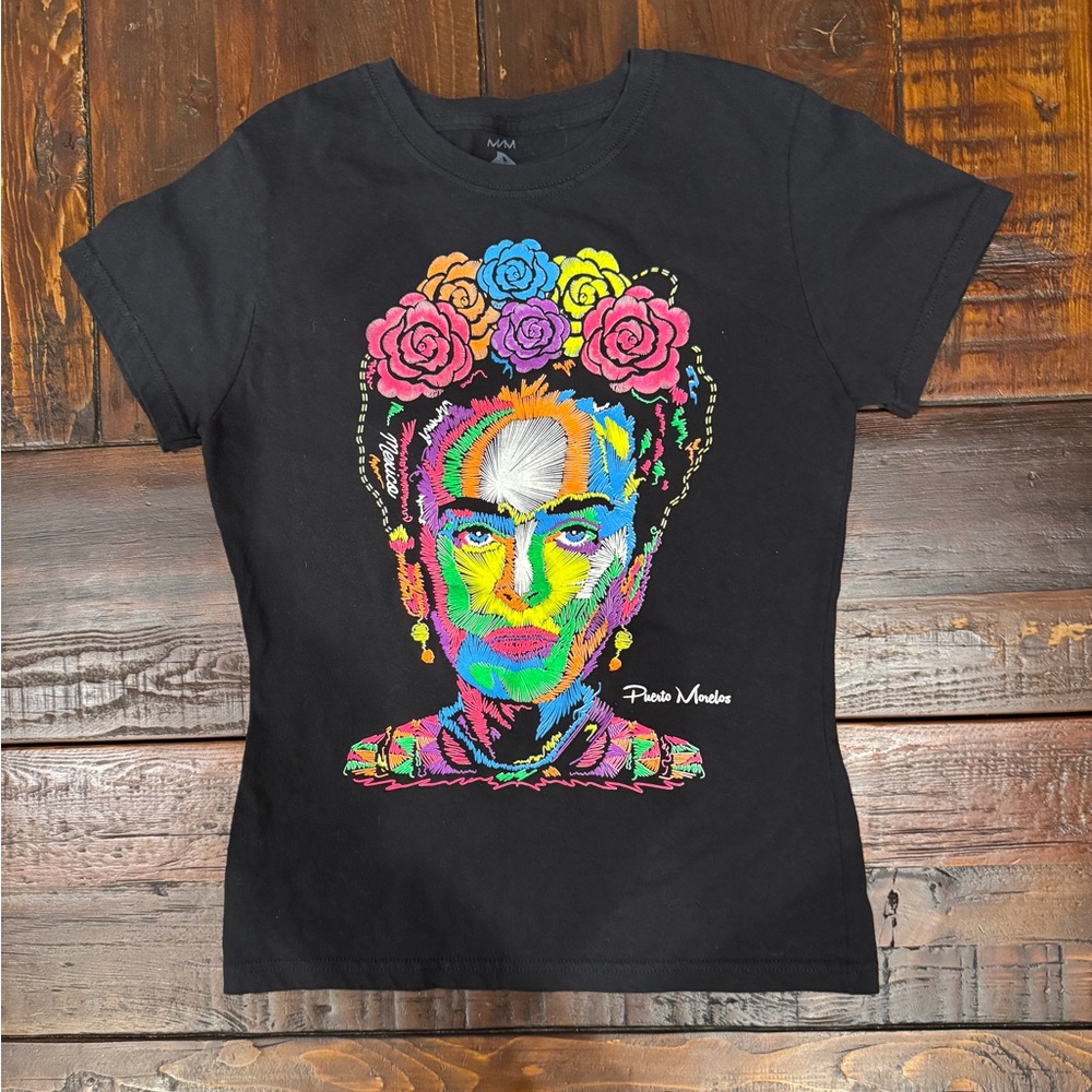 Black Graphic T-Shirt with Colorful Neon  Portrait of Frida Kahlo. NWOT.